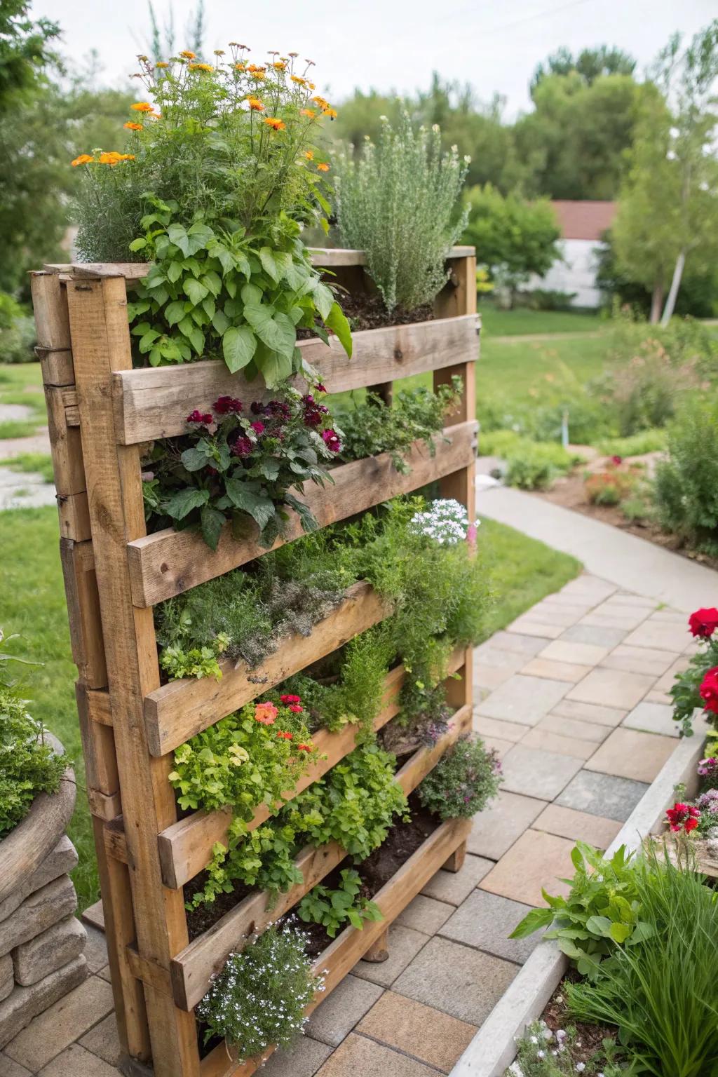 A vibrant vertical garden using a repurposed wooden pallet.