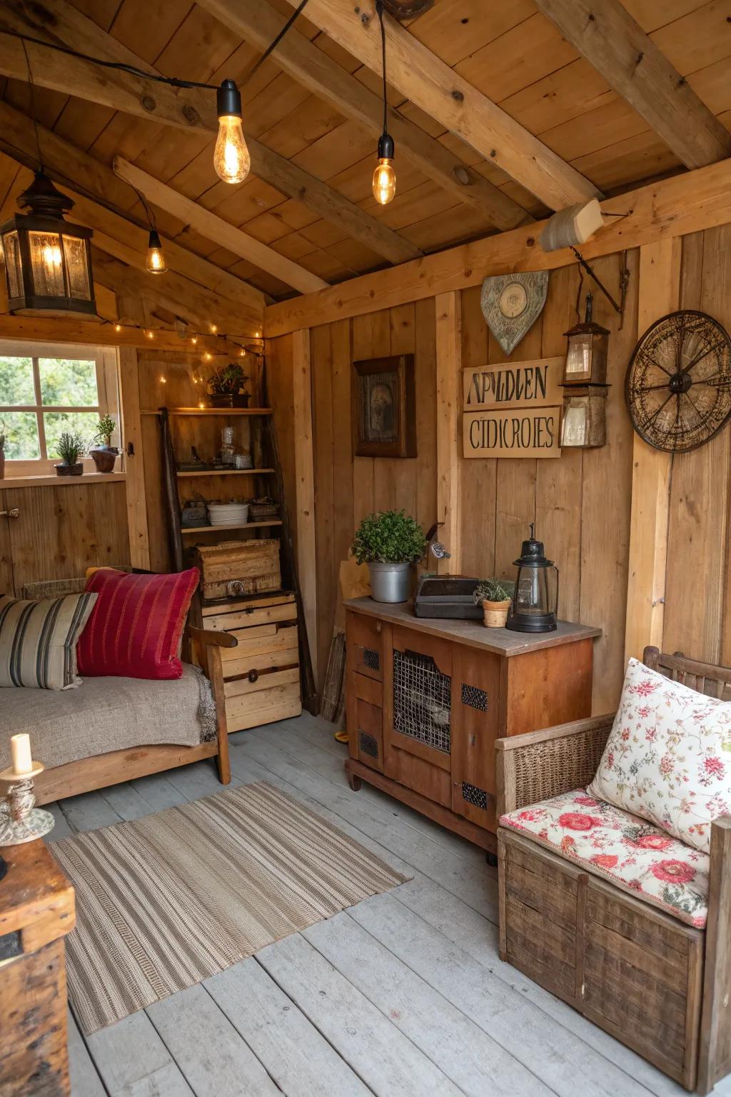 A rustic retreat with wooden panels and vintage decor for a cozy countryside feel.
