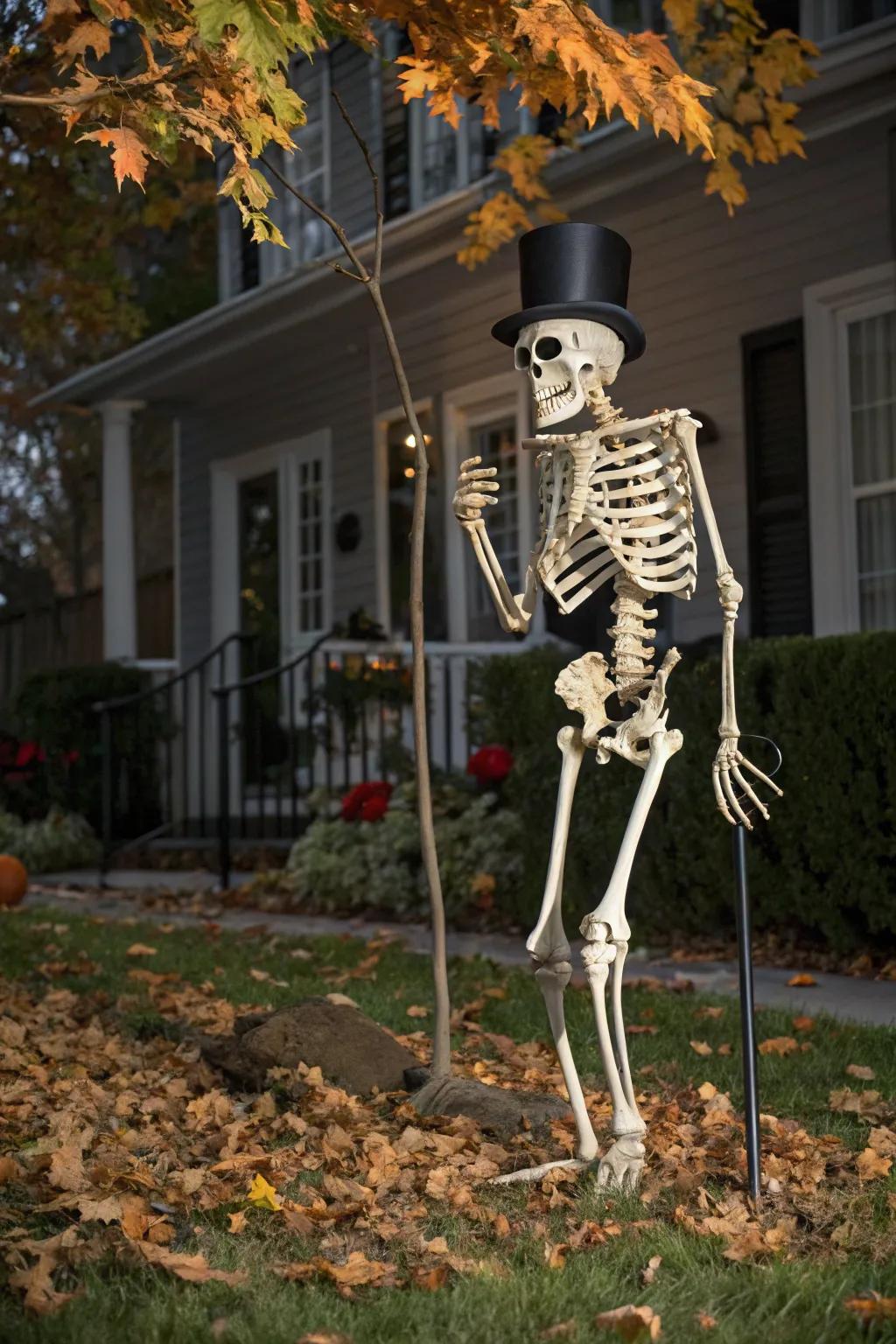 A formal skeleton with a top hat and cane adds a touch of whimsy.