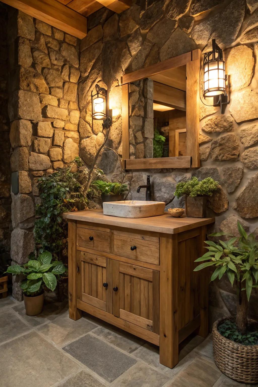 Add warmth to your bathroom with a rustic natural wood vanity.