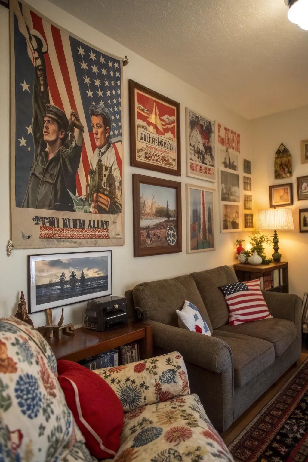 Create a nostalgic atmosphere with vintage posters from the 1940s.