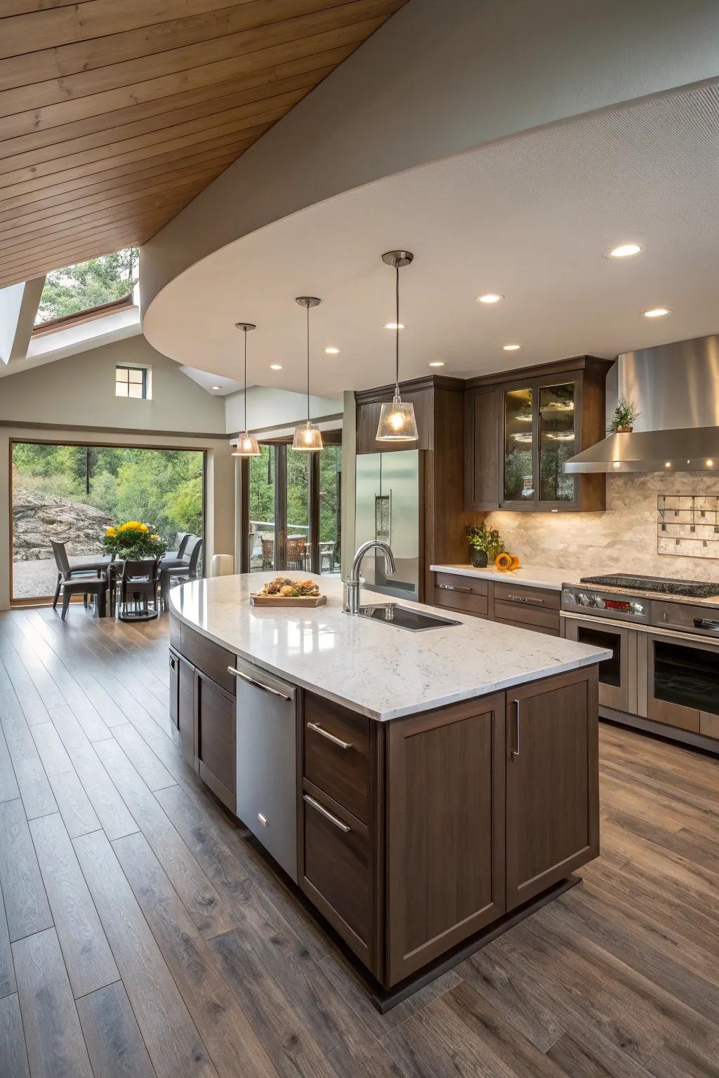 A 45-degree angled island enhances the kitchen's dynamic flow and visual appeal.