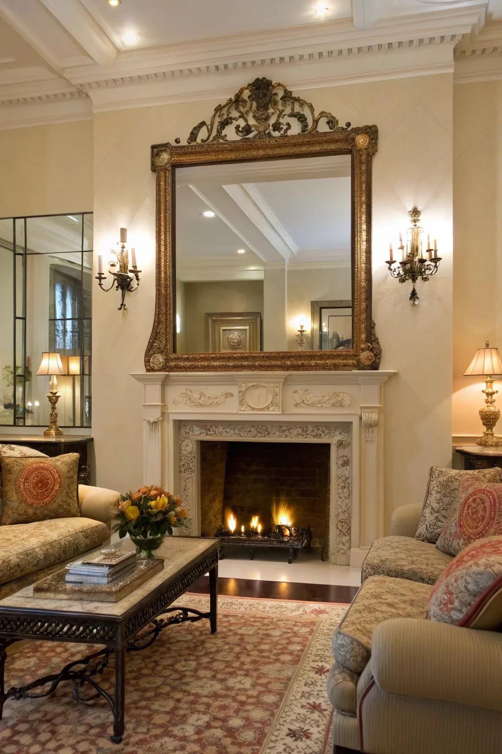 A large mirror above the fireplace enhances the room's depth and brightness.