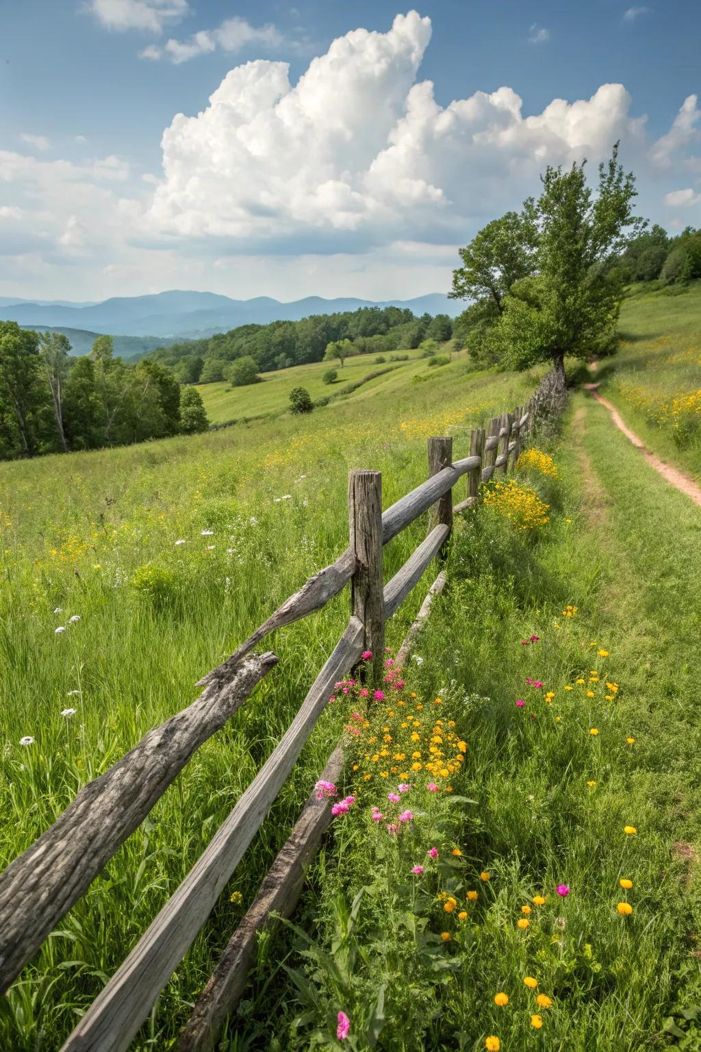 A classic split rail fence adds rustic charm to any landscape.