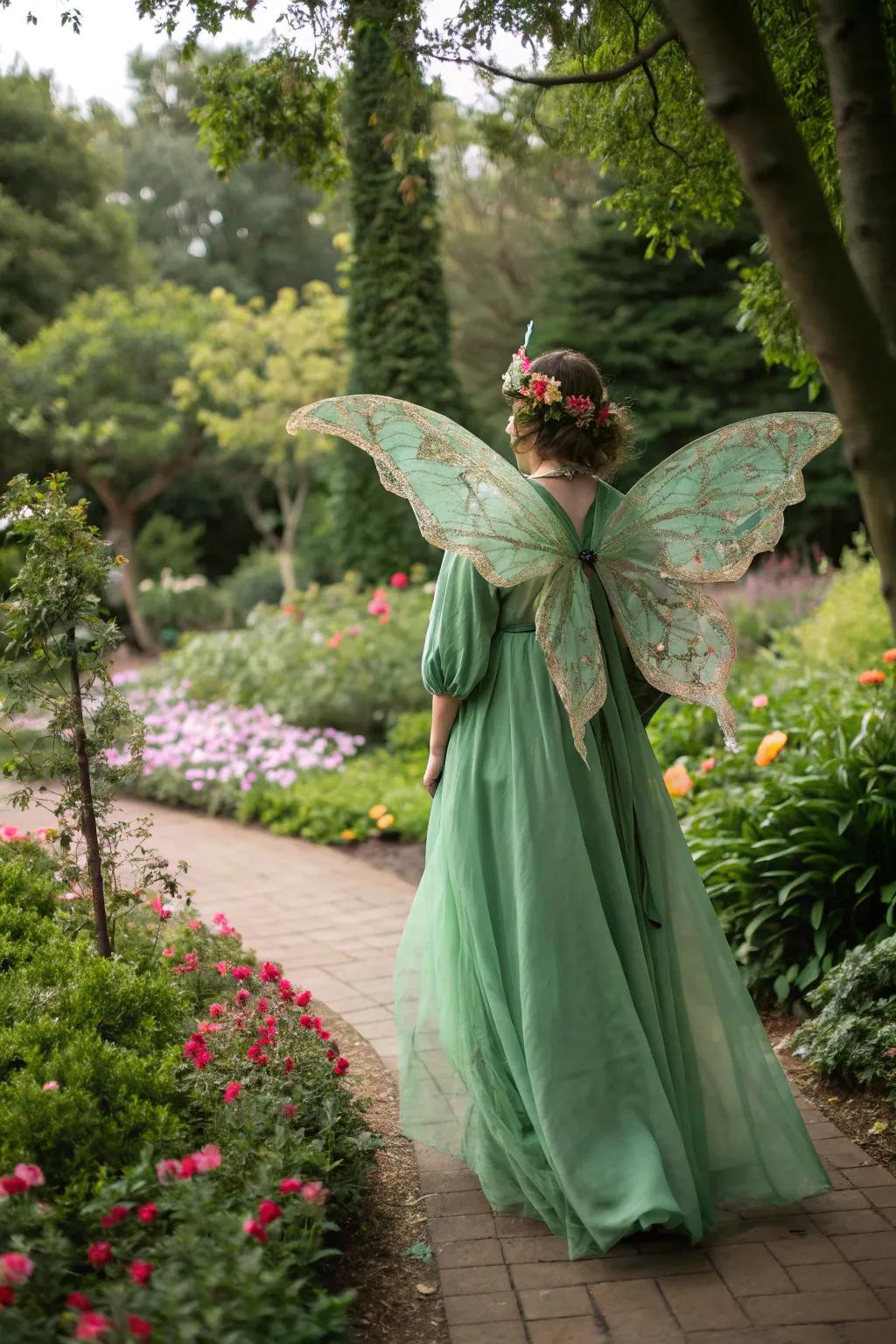 A mystical forest fairy in an enchanting garden.