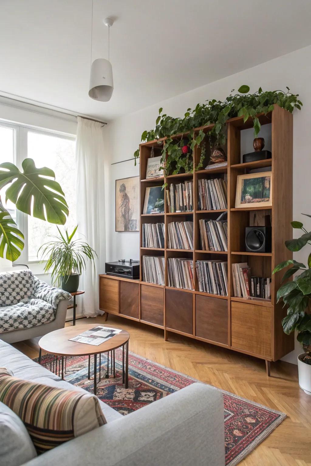 A modern shelving unit that artfully displays vinyl records alongside decor.