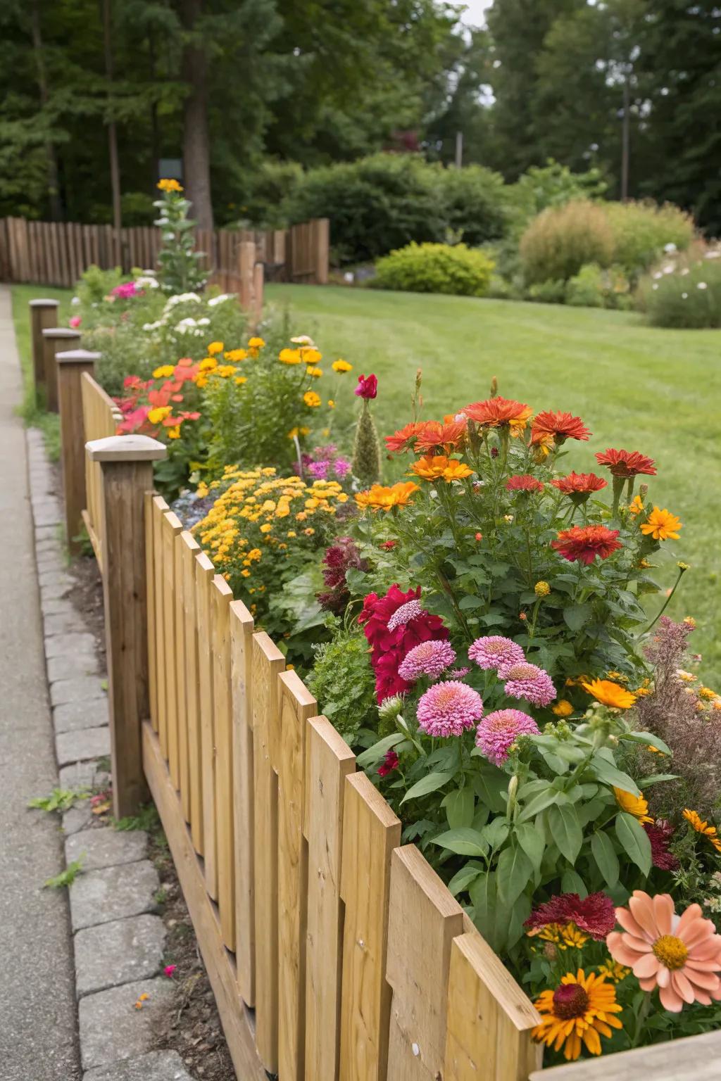 A colorful flower bed enhances the fence line beautifully.