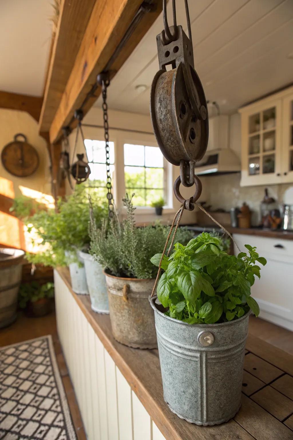 A pulley-operated herb garden brings freshness and style to the kitchen.