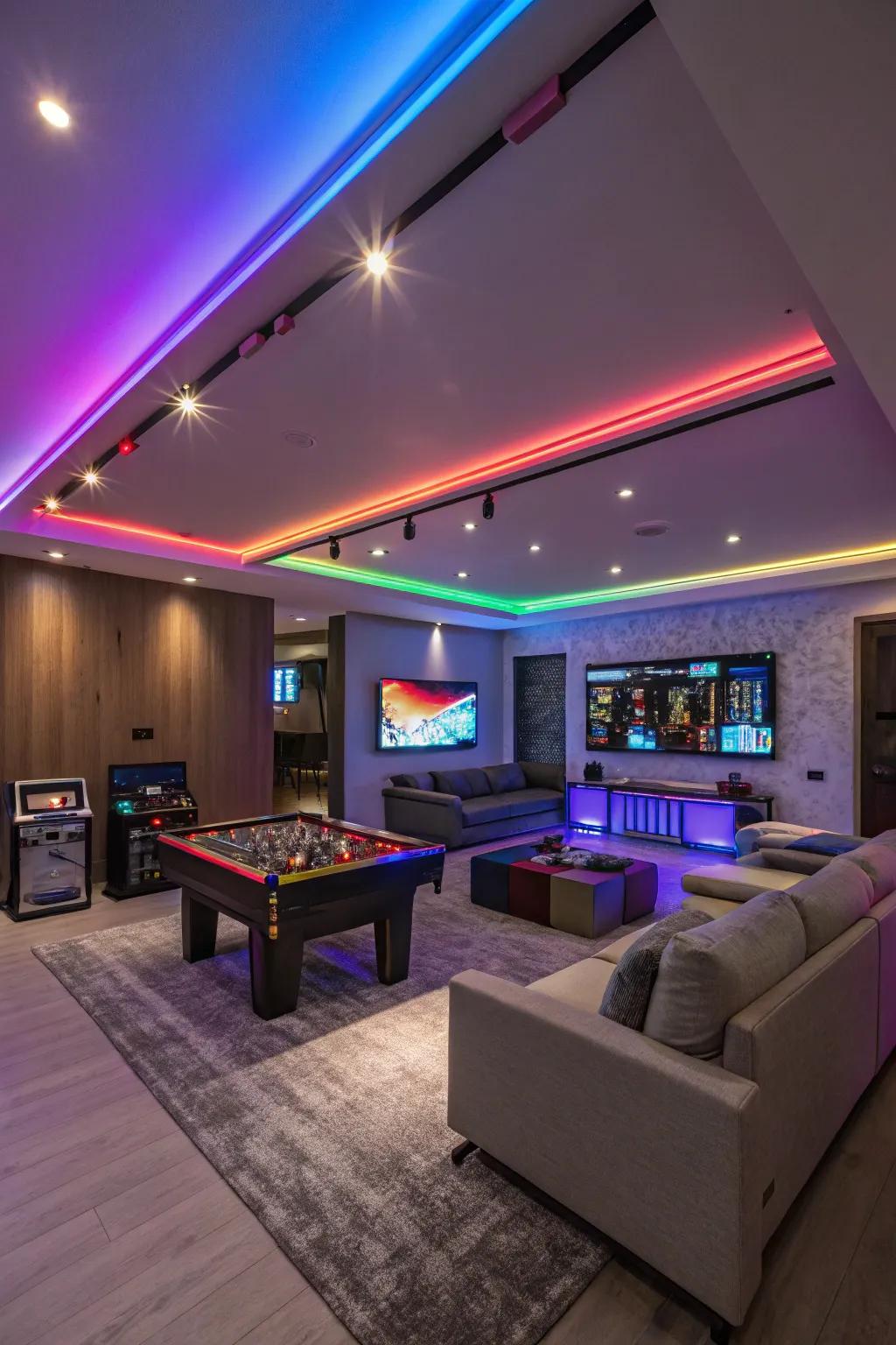 LED lighting can drastically change the vibe of your game room, adding color and excitement.