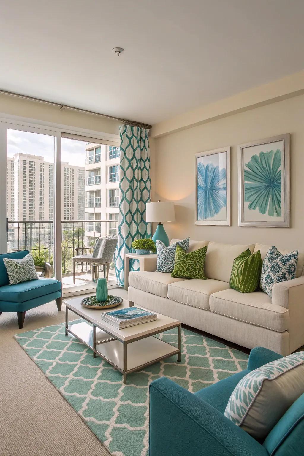 Neutral tones paired with vibrant color accents in a stylish living room.