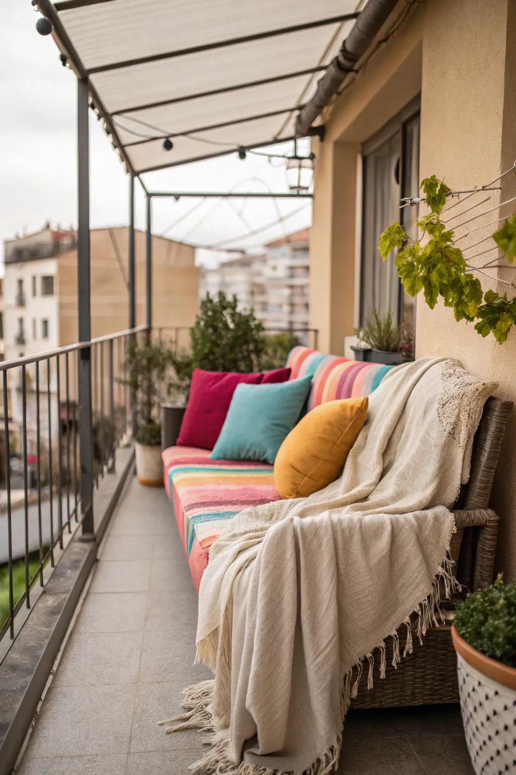 A cozy seating nook with vibrant cushions is perfect for relaxing.