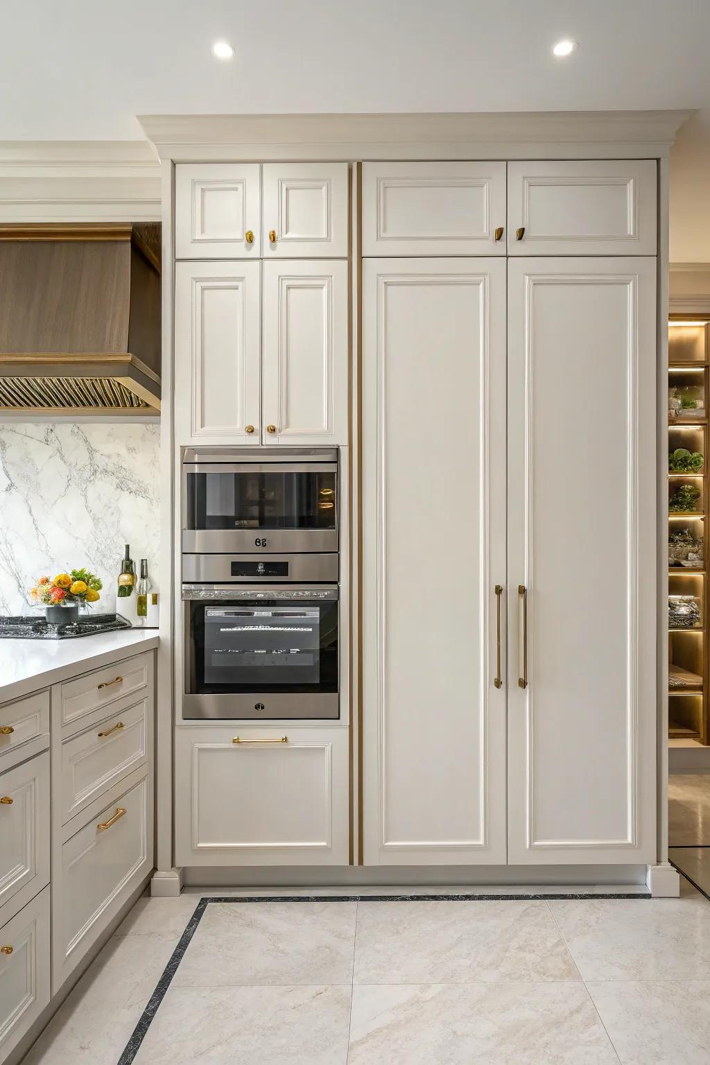 Concealed storage keeps kitchen appliances out of sight, contributing to a minimalist aesthetic.