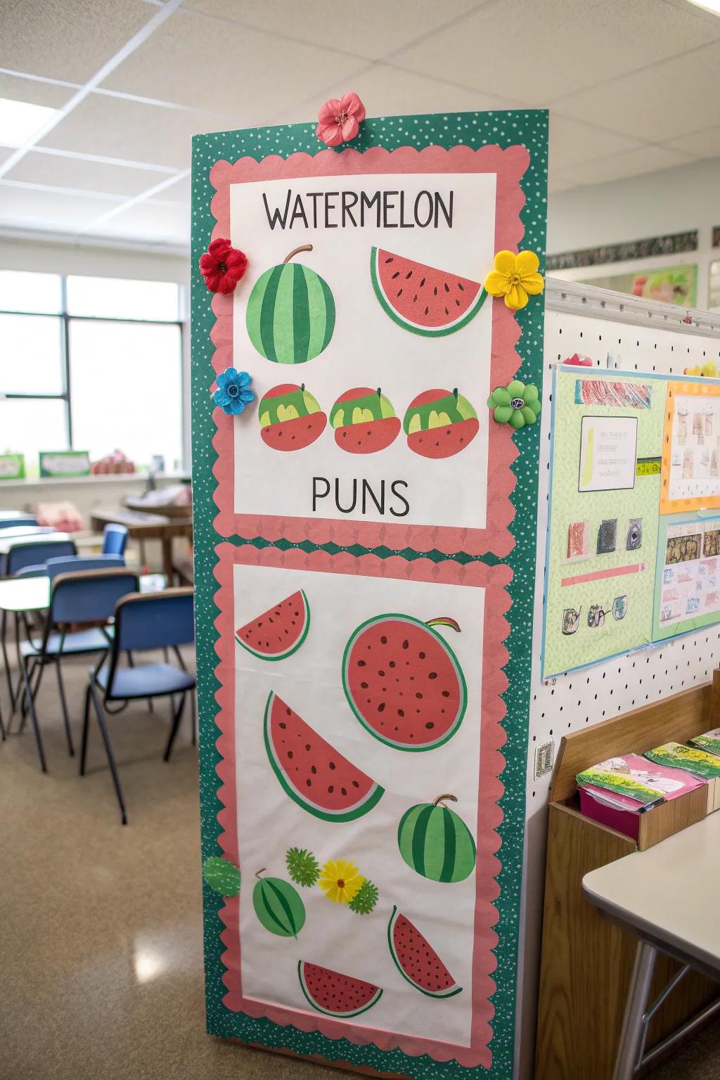 Watermelon-themed bulletin board that keeps summer vibes alive.