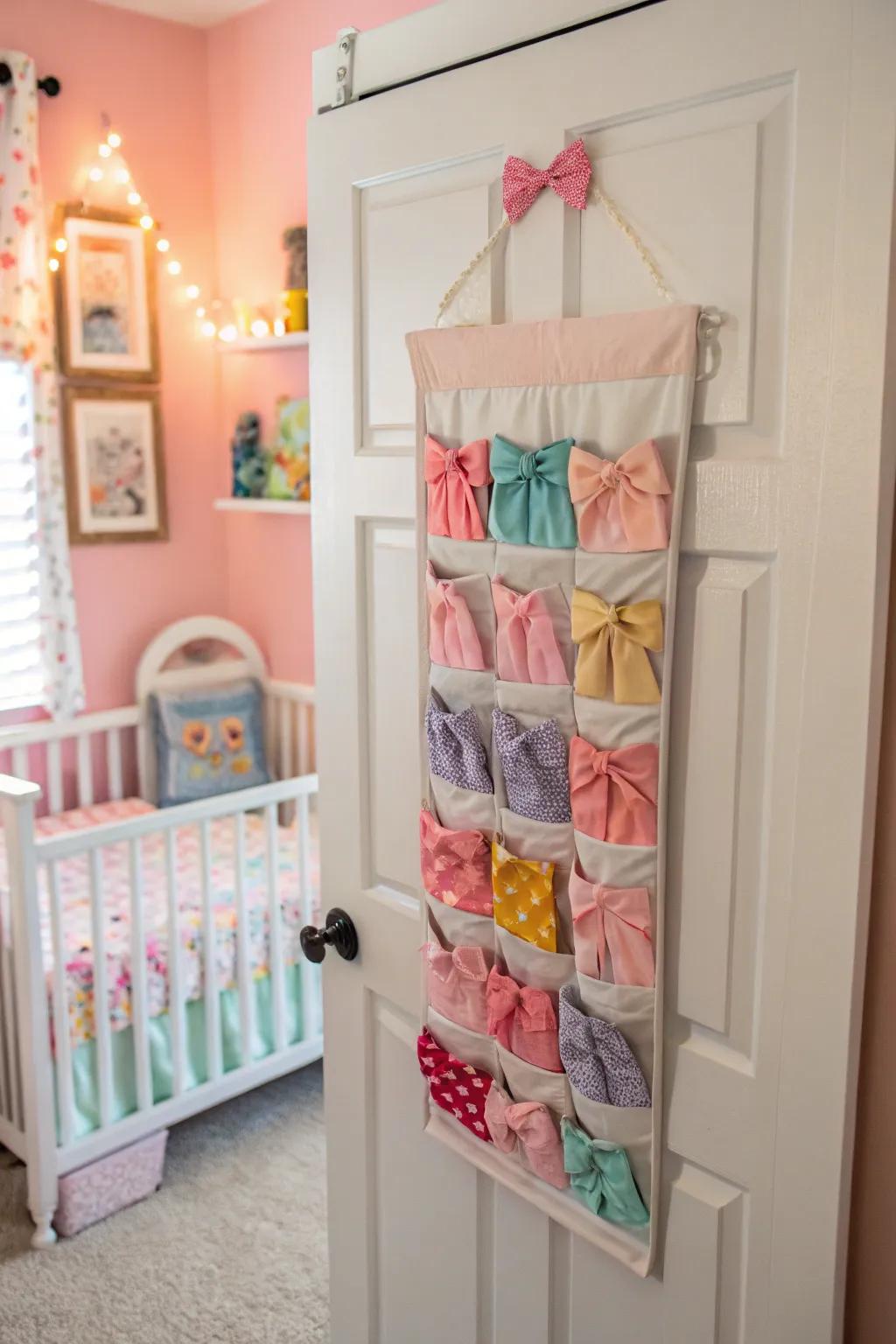 Efficient use of space with hanging organizers for baby bows.