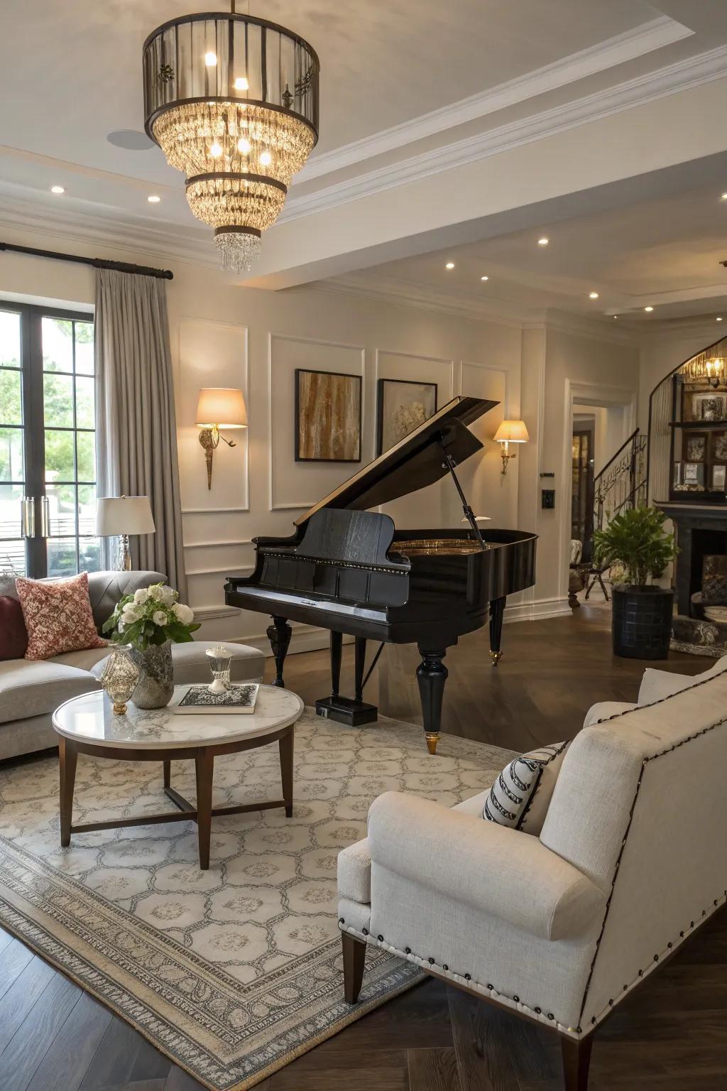 The baby grand piano stands as the centerpiece in this inviting living room.