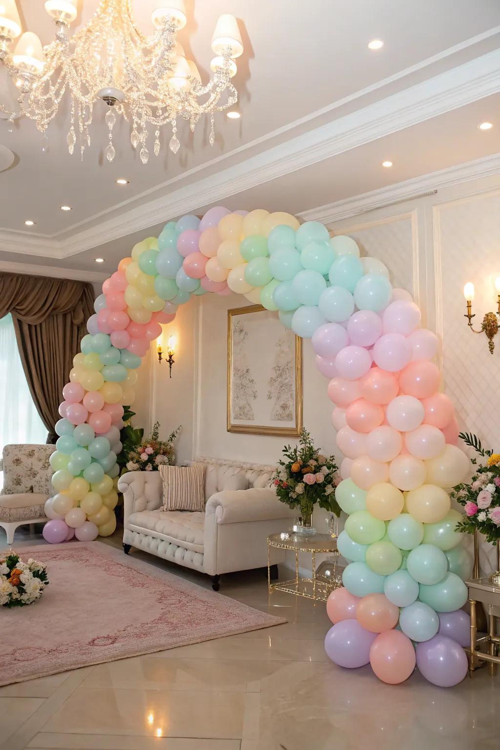 A vibrant balloon arch in pastel colors creates an inviting backdrop.