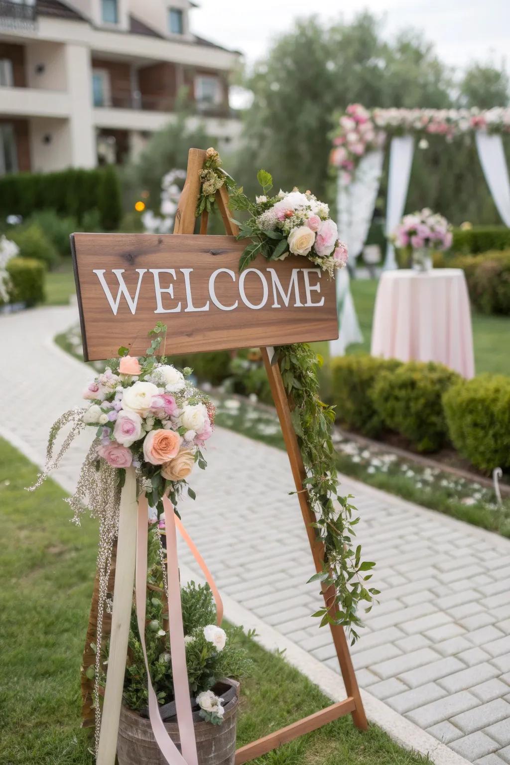 A personalized welcome sign beautifully greets guests at the baby shower.