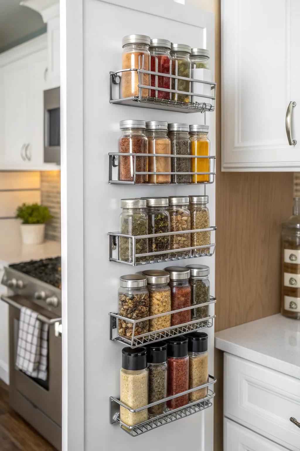 A back door spice rack keeps your kitchen organized and stylish.