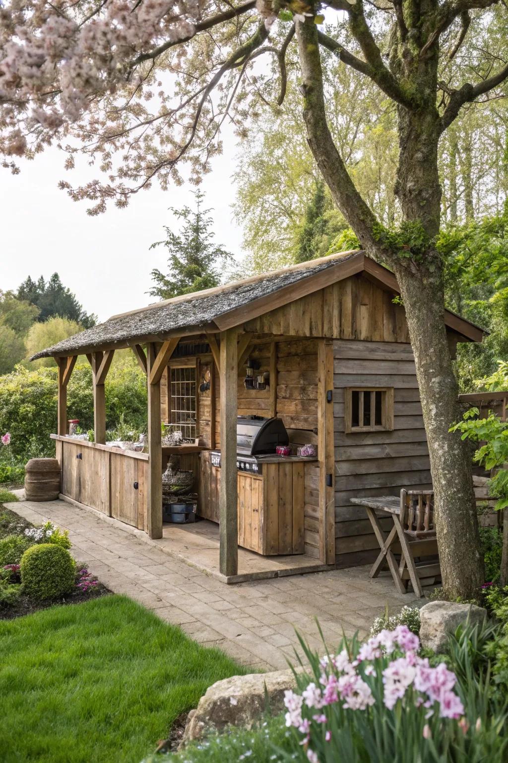 A rustic wooden BBQ shed nestled in nature.