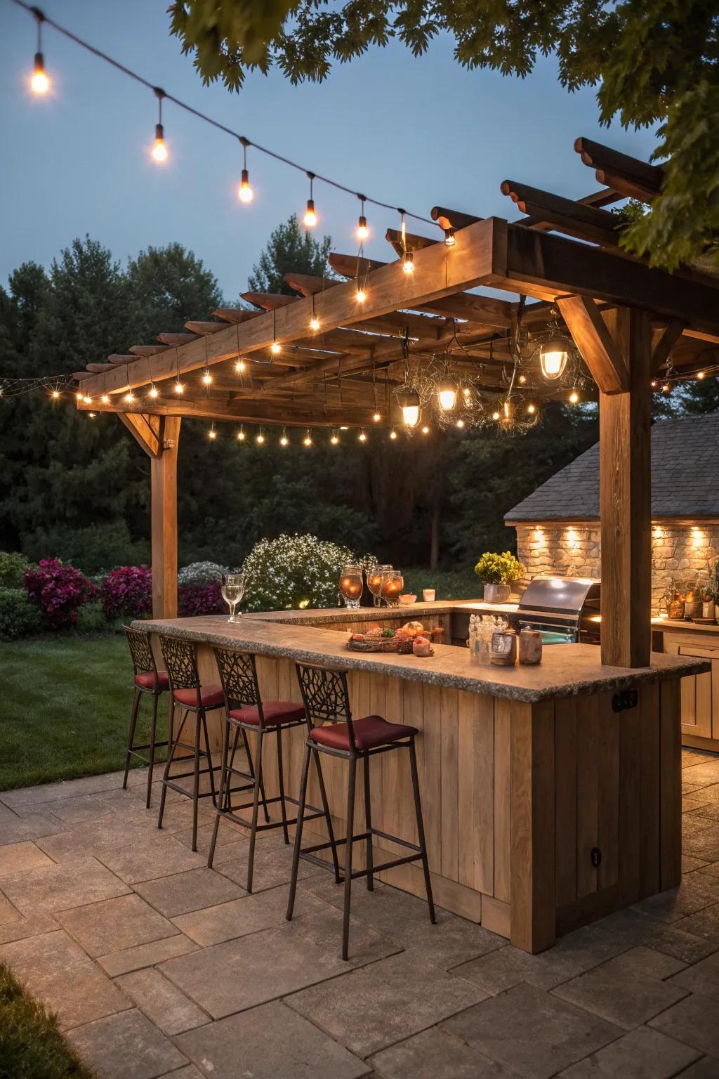 A rustic pergola creates an enchanting setting for an outdoor kitchen.