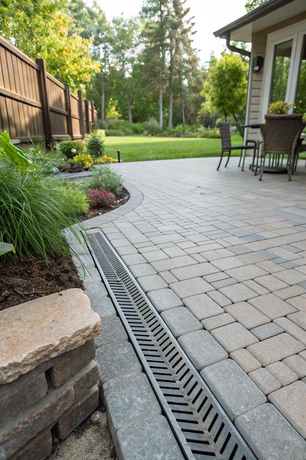 A sleek trench drain seamlessly integrated into a backyard patio.