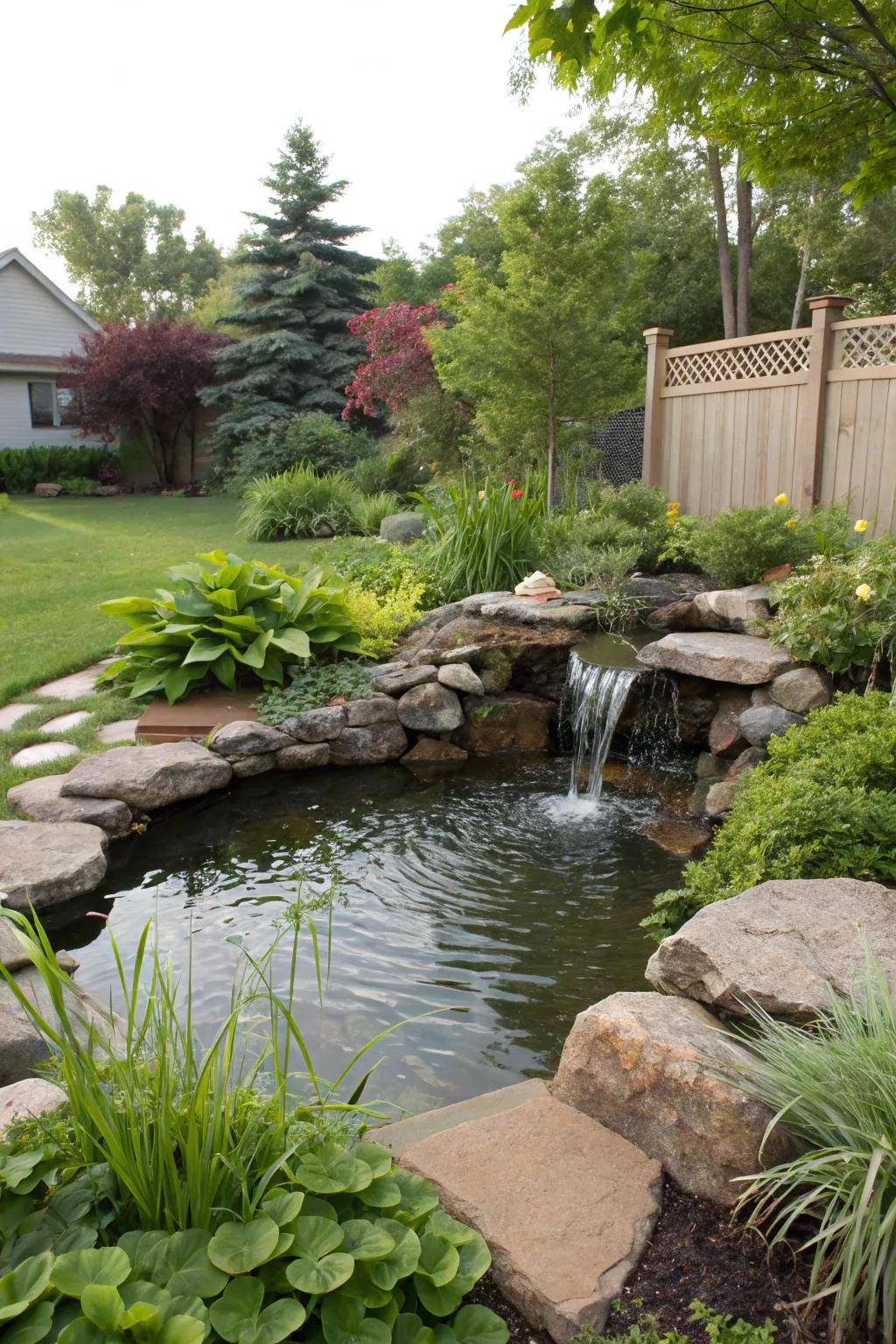 A backyard pond with a cascading water feature creates a peaceful retreat.