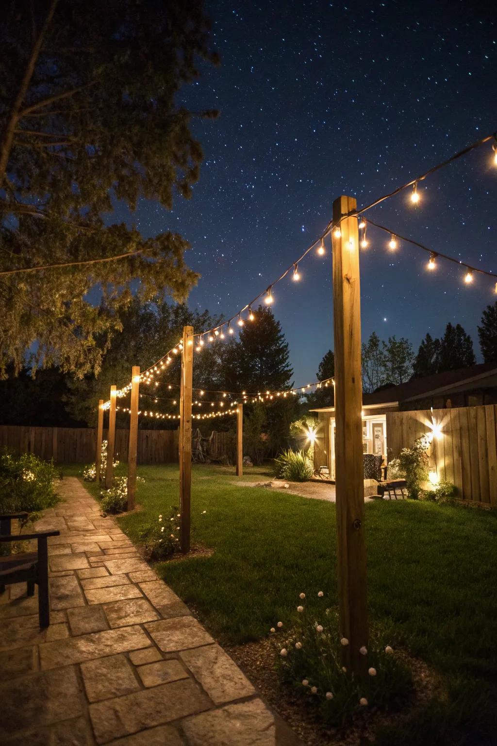 Create a magical ambiance with string light-wrapped posts in your backyard.