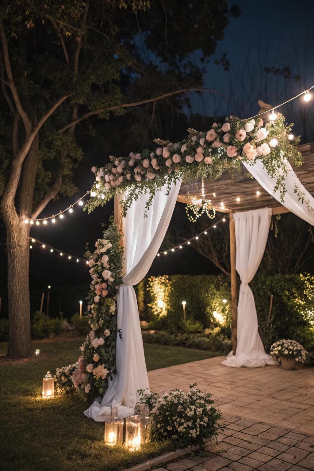 String lights create a romantic canopy for a backyard wedding under the stars.