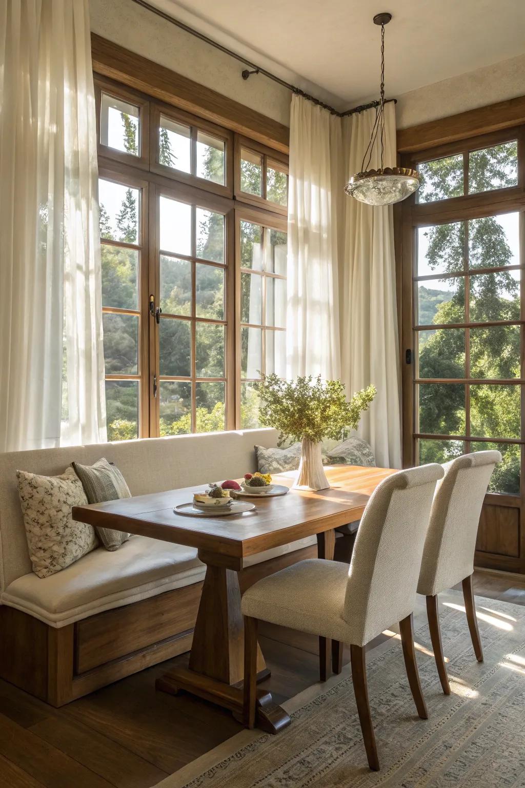 A sunlit dining space with banquette seating nestled by a large window.