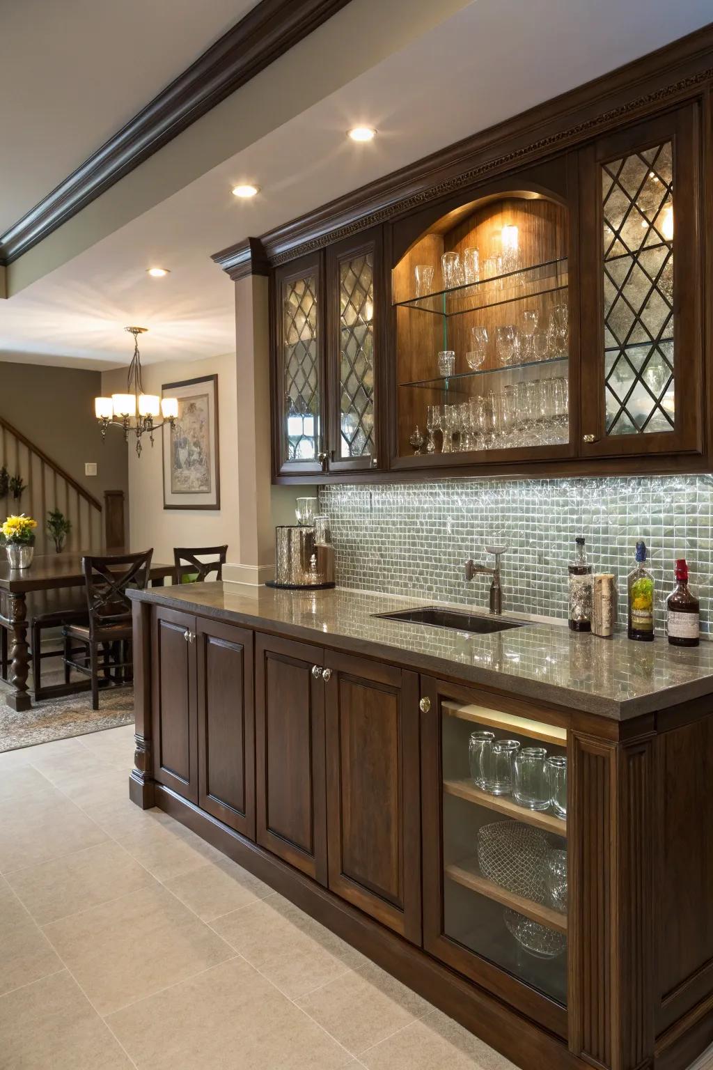 An elegant home bar showcasing a gleaming glass tile backsplash.