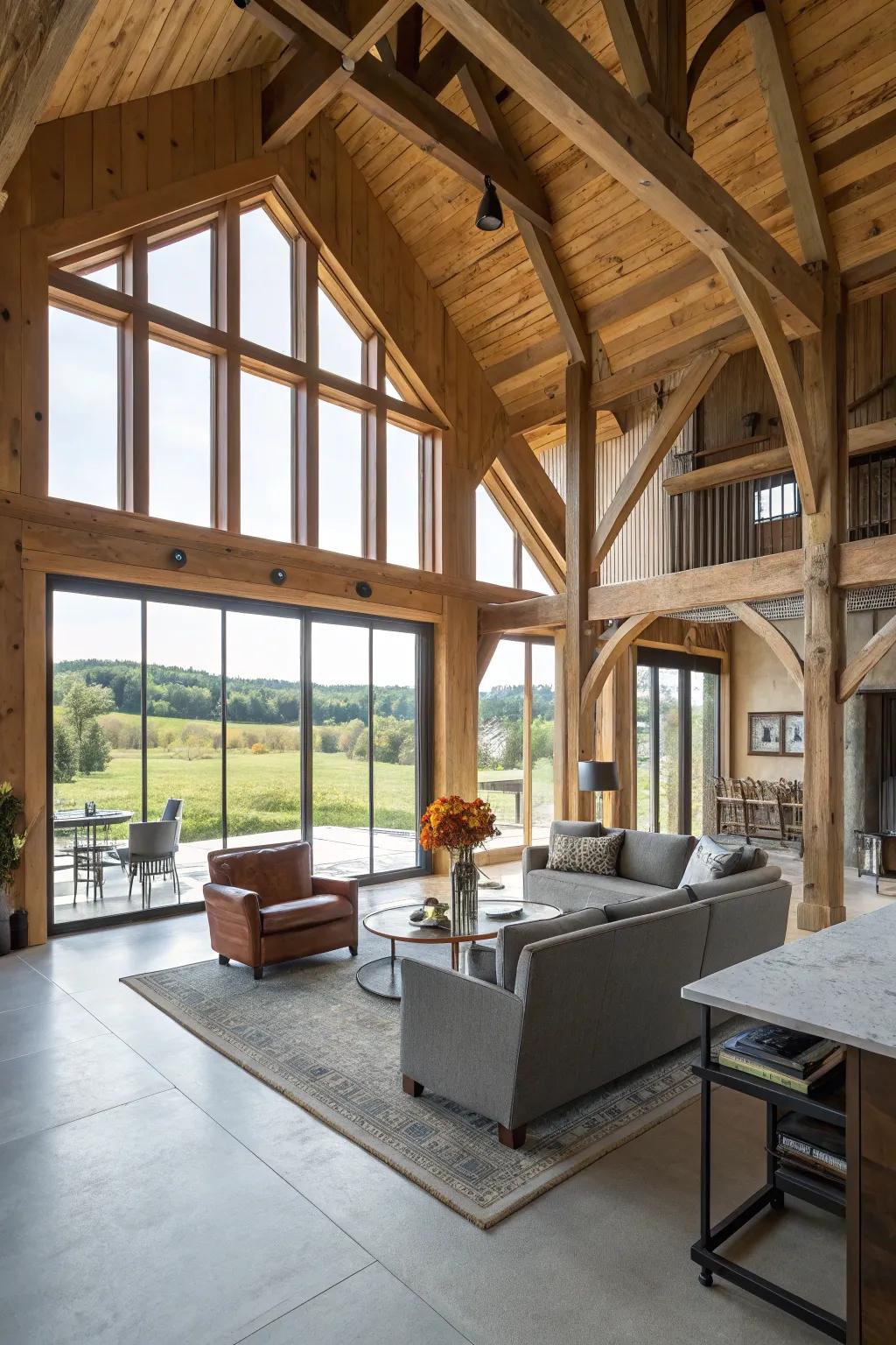 An open-concept interior with rustic beams and modern decor.