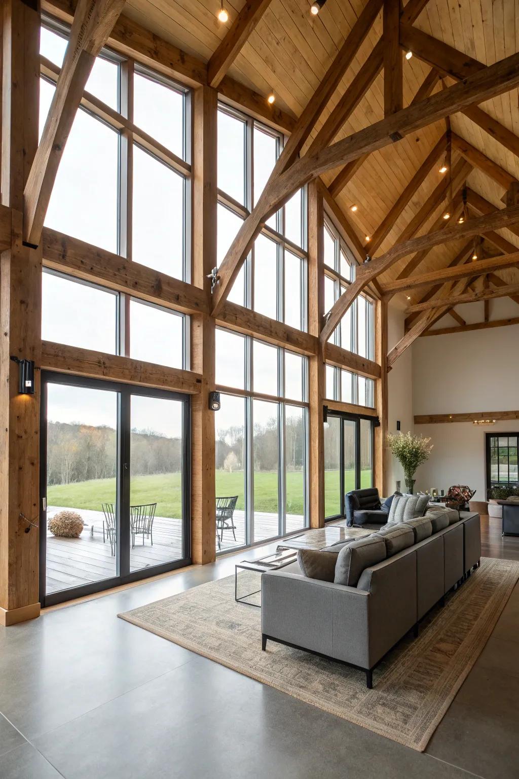 A harmonious blend of modern and rustic design in this barndominium living space.