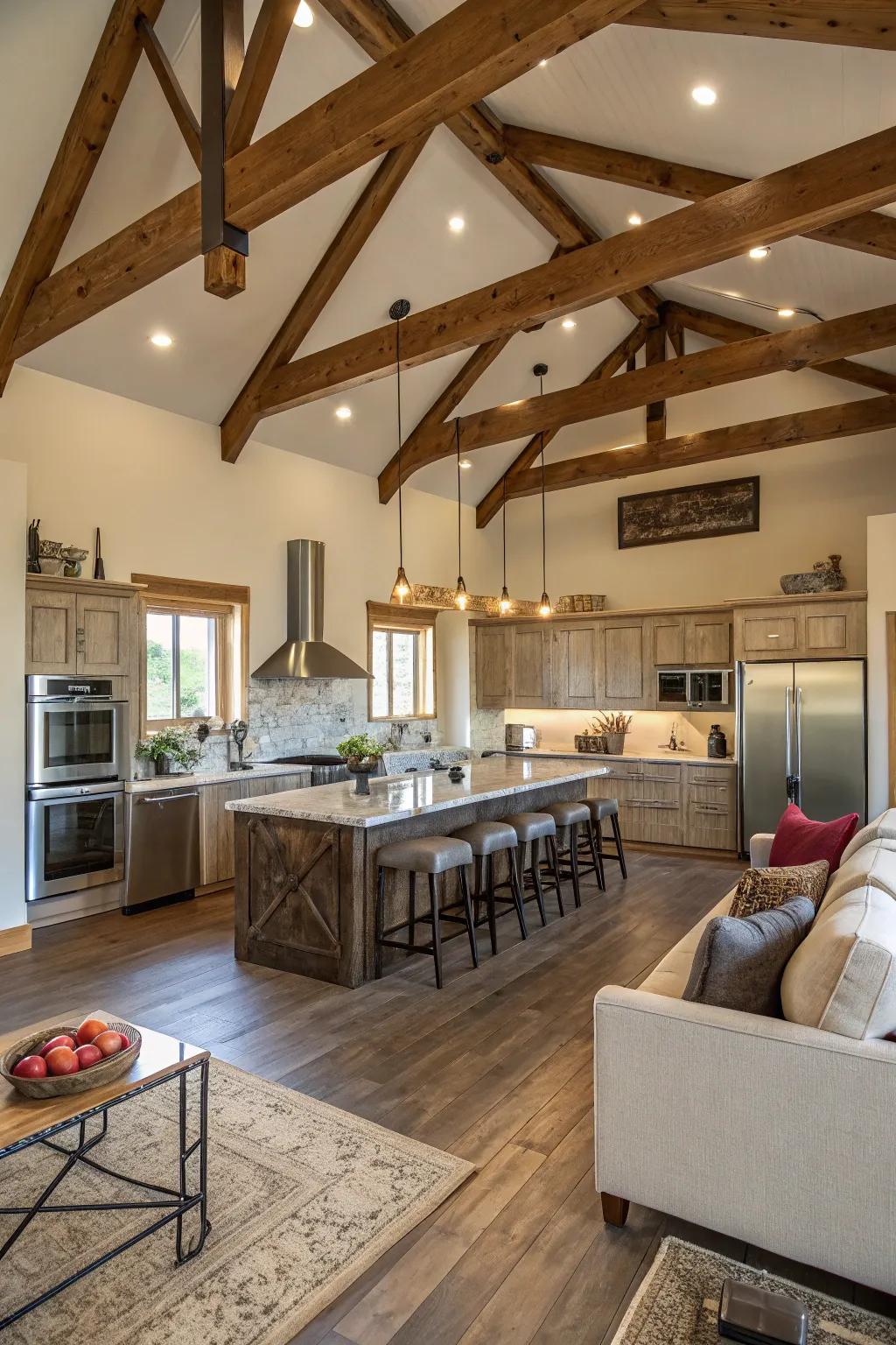 An open layout that seamlessly connects the kitchen to living spaces.