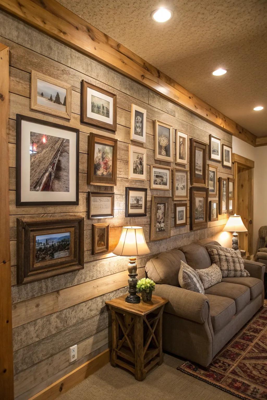 A rustic gallery wall featuring diverse barnwood frames.