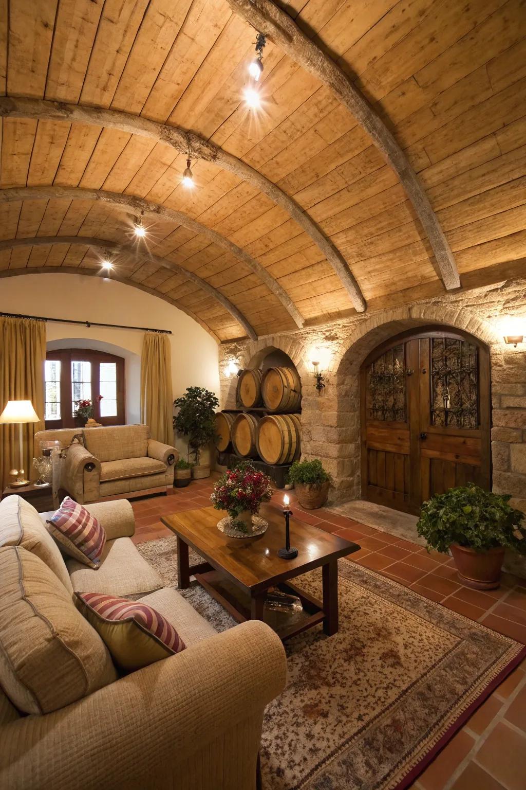 A cozy living room with a wooden barrel ceiling creating a warm ambiance.