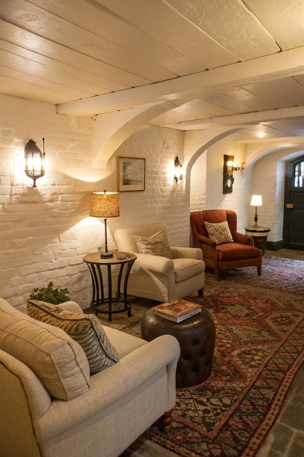 Warm white walls create an inviting atmosphere in this basement.