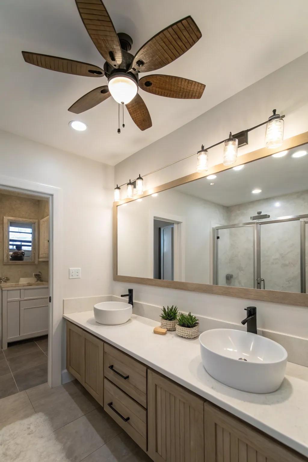 A sleek ceiling fan with light in a minimalist bathroom.