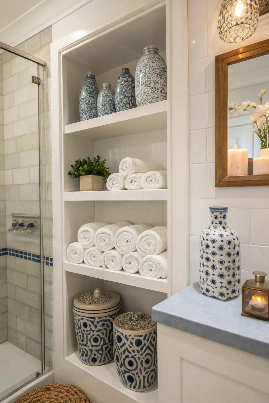 Open shelving with neatly rolled towels and tasteful decor elements.