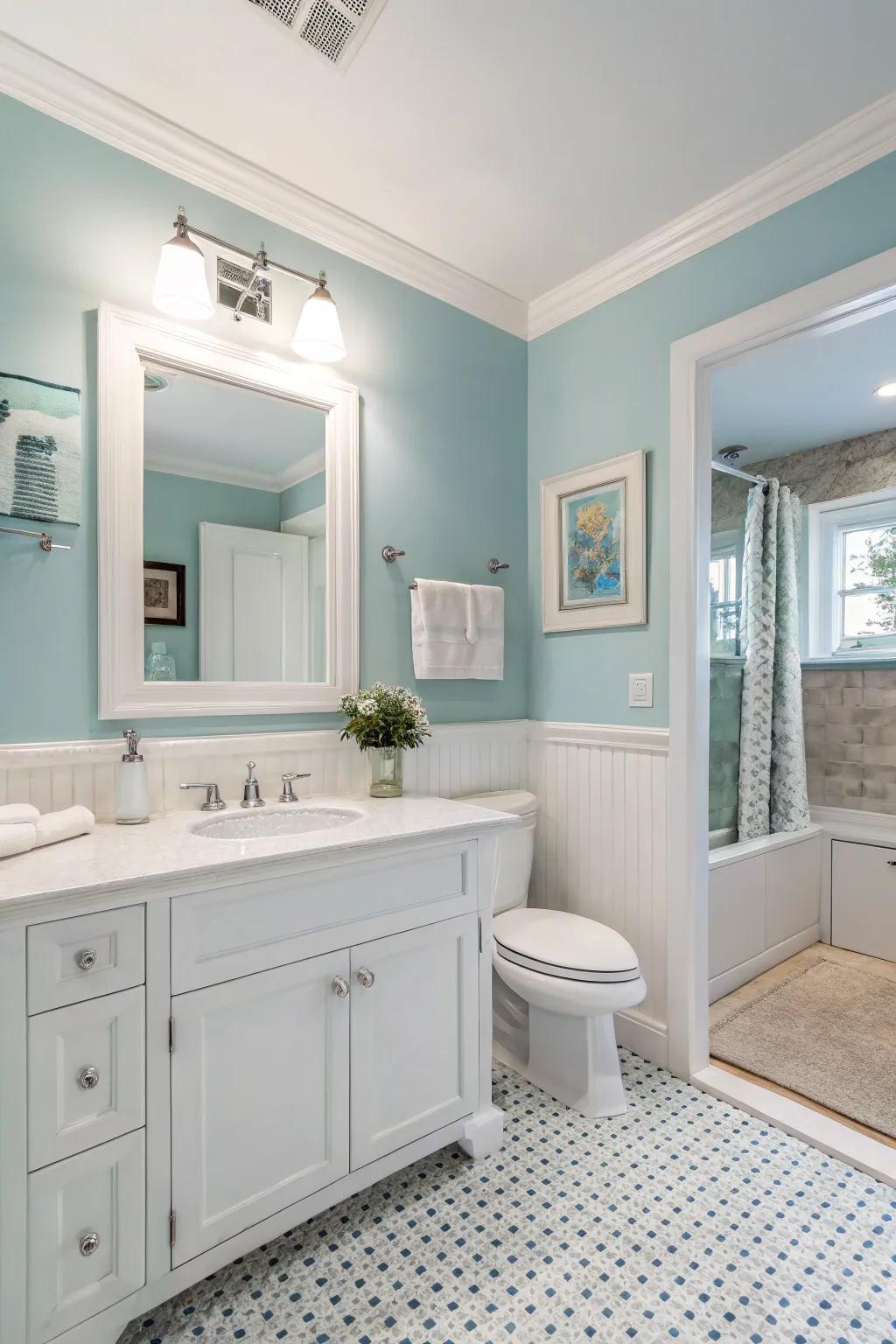 Soft blue walls create a serene and calming bathroom space.