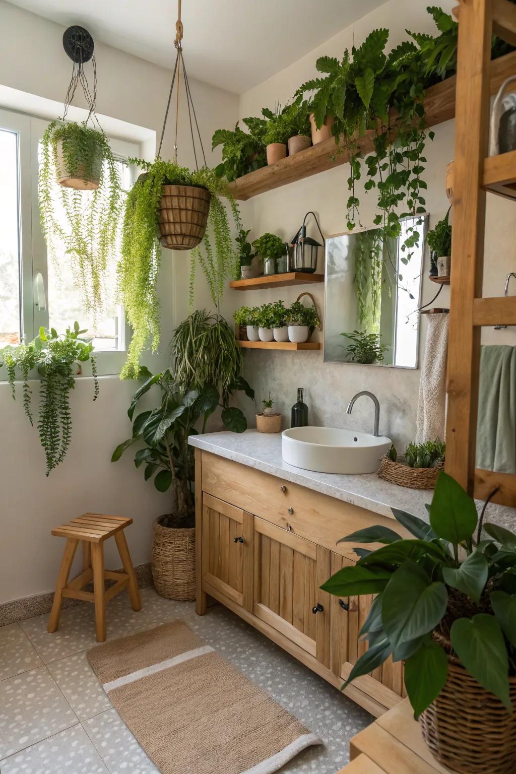 Transform your bathroom into a peaceful nature retreat with lush greenery.