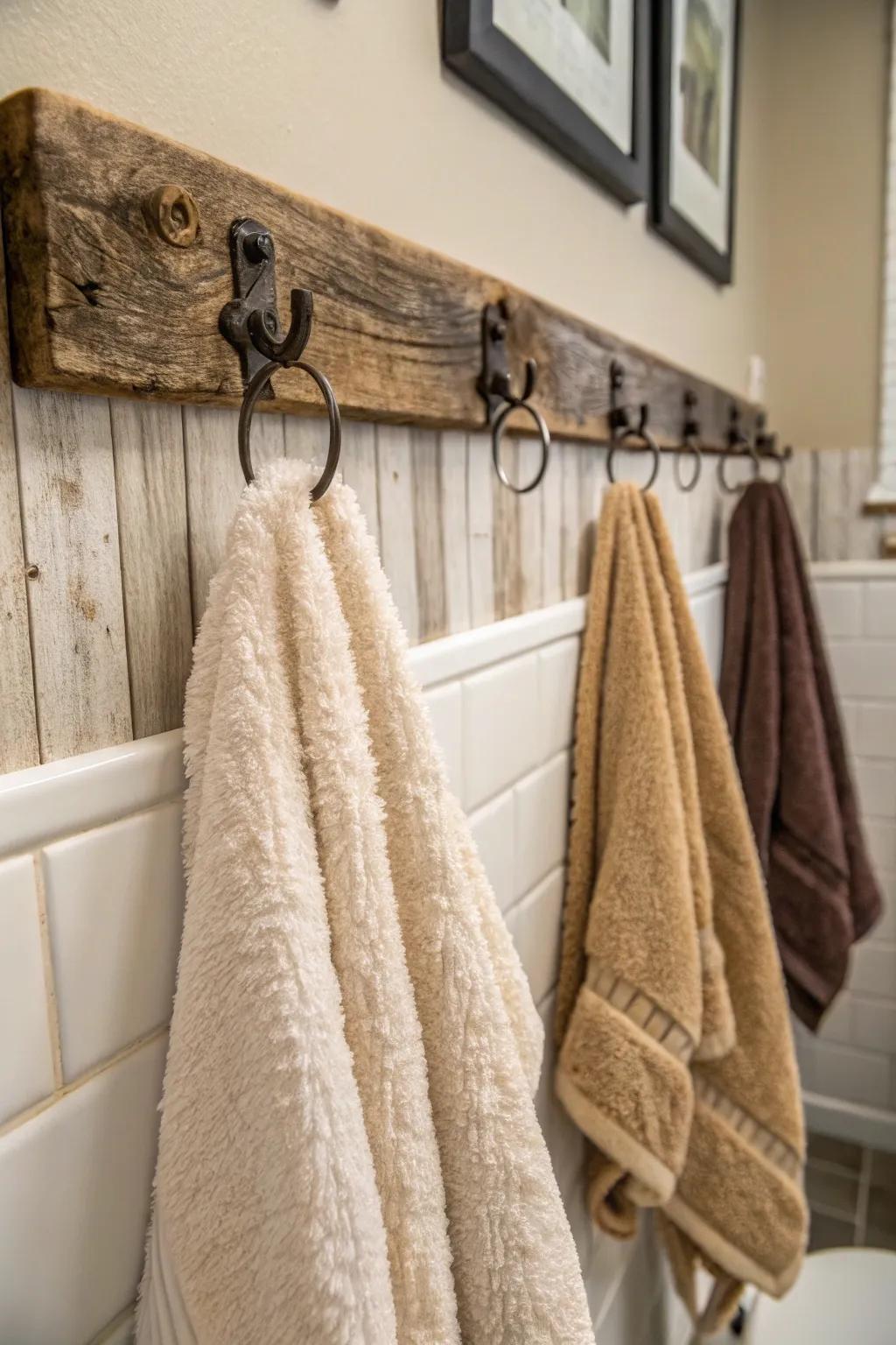 Reclaimed wooden hooks bring a rustic charm to your bathroom.