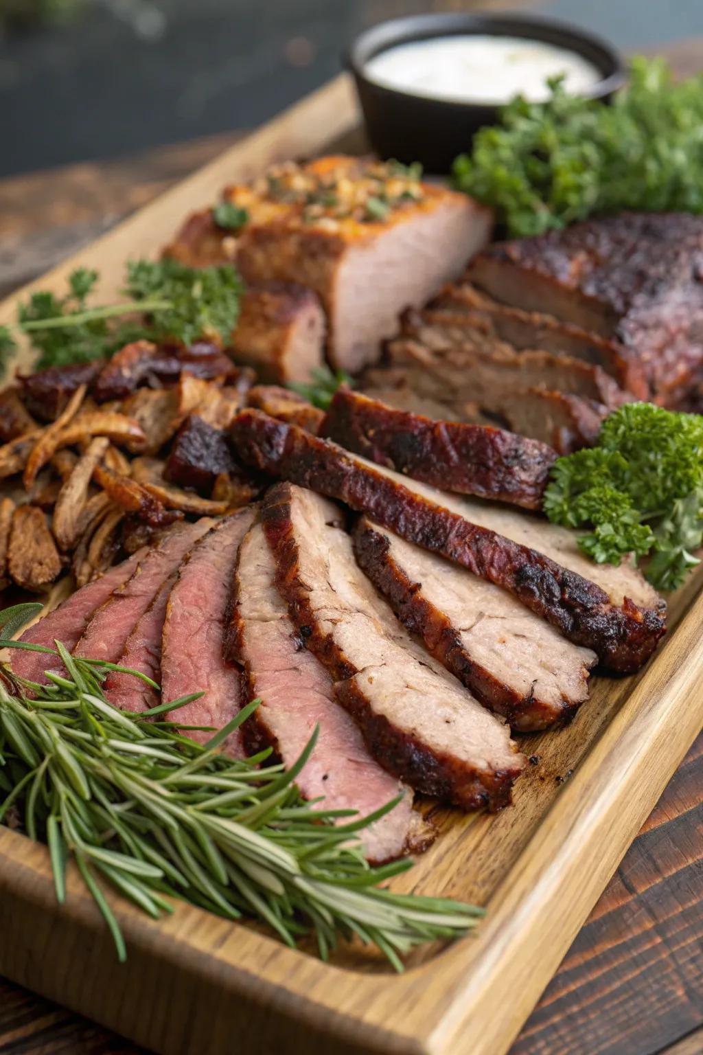 Savory smoked meats are the centerpiece of this BBQ board