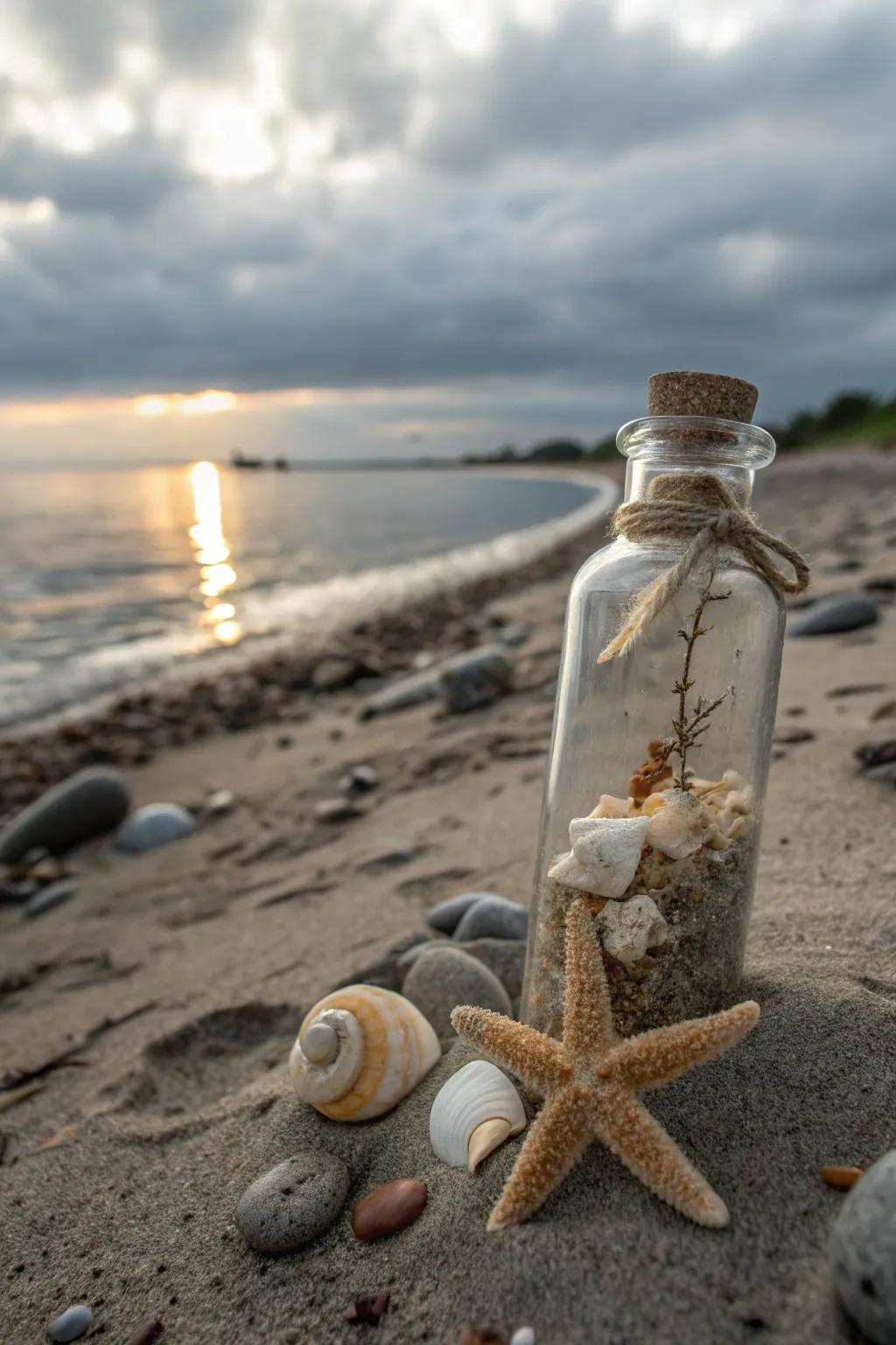 Miniature glass bottles filled with beach elements make enchanting keepsakes.