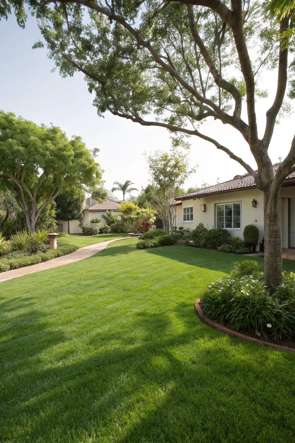 A vibrant green lawn enhancing the front yard's appeal.