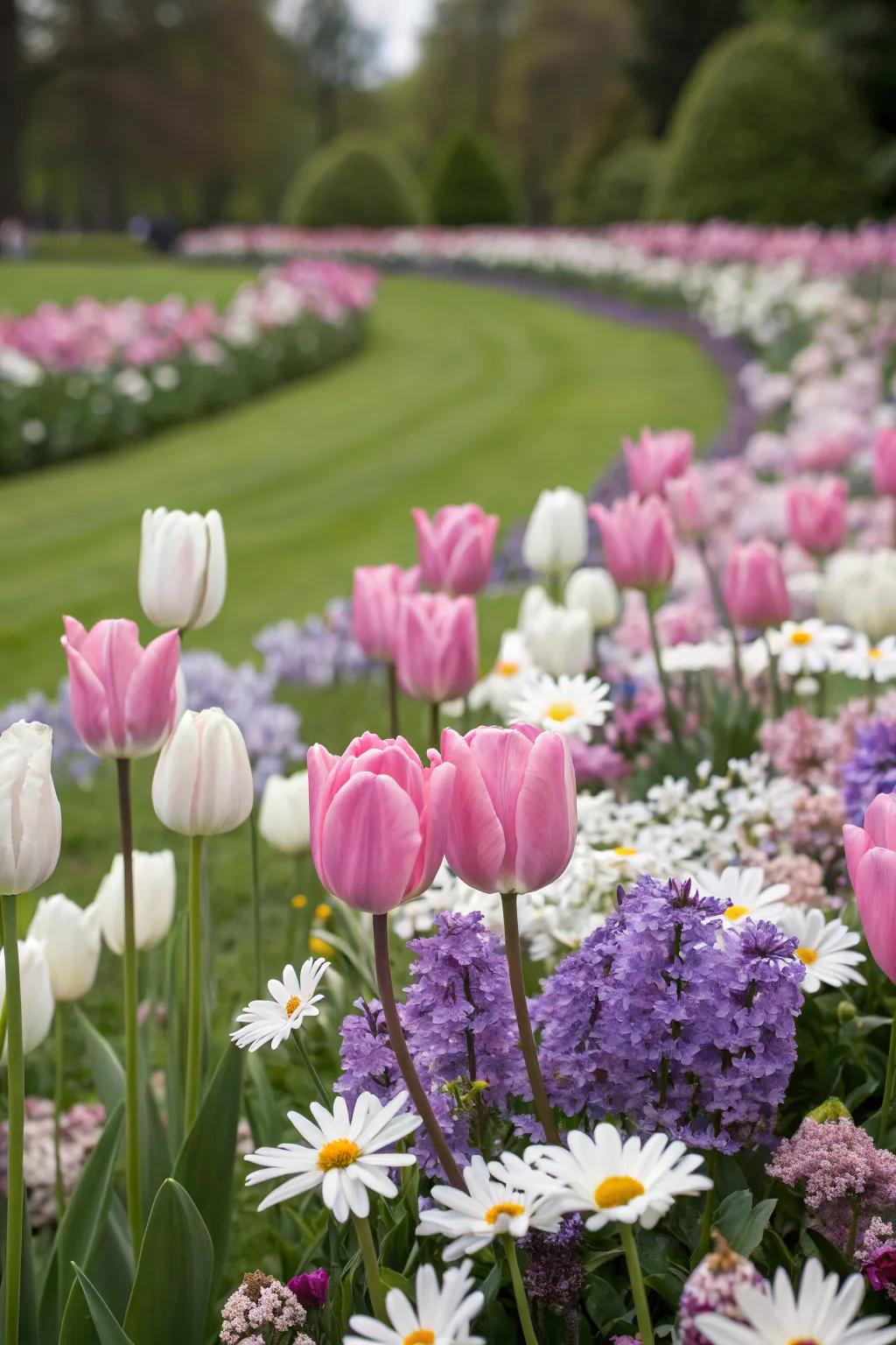 A vibrant flower bed showcasing a mix of tulips, lilacs, and daisies.