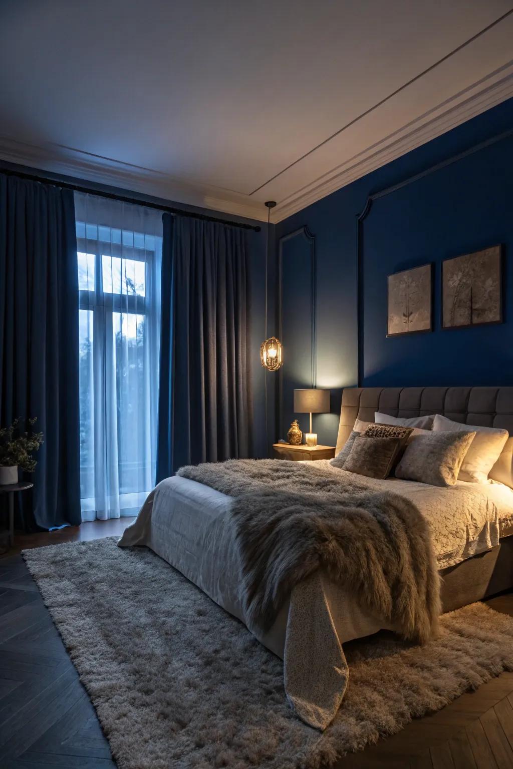 A bedroom wrapped in the warmth of midnight blue for a cozy retreat.