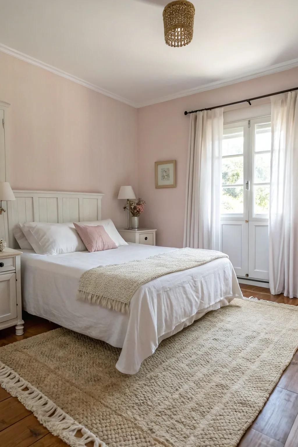 A bedroom featuring soft pastels and neutral tones for a calming effect.