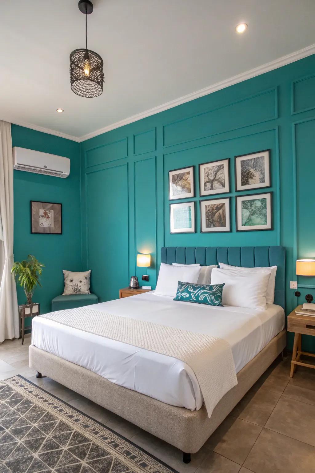 A bedroom with a striking teal accent wall as the centerpiece.