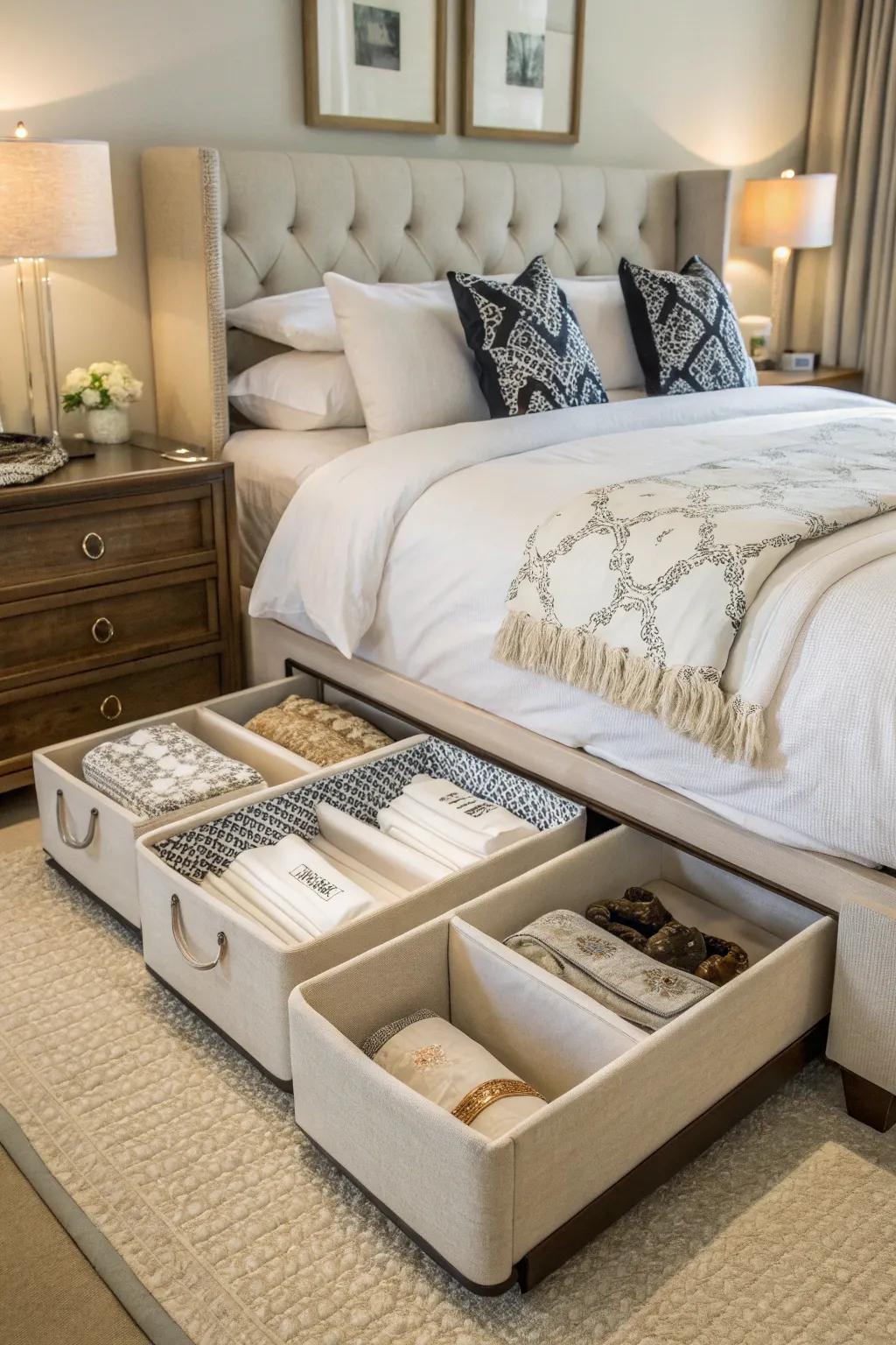 Maximize your bedroom space with clever under-bed storage solutions.