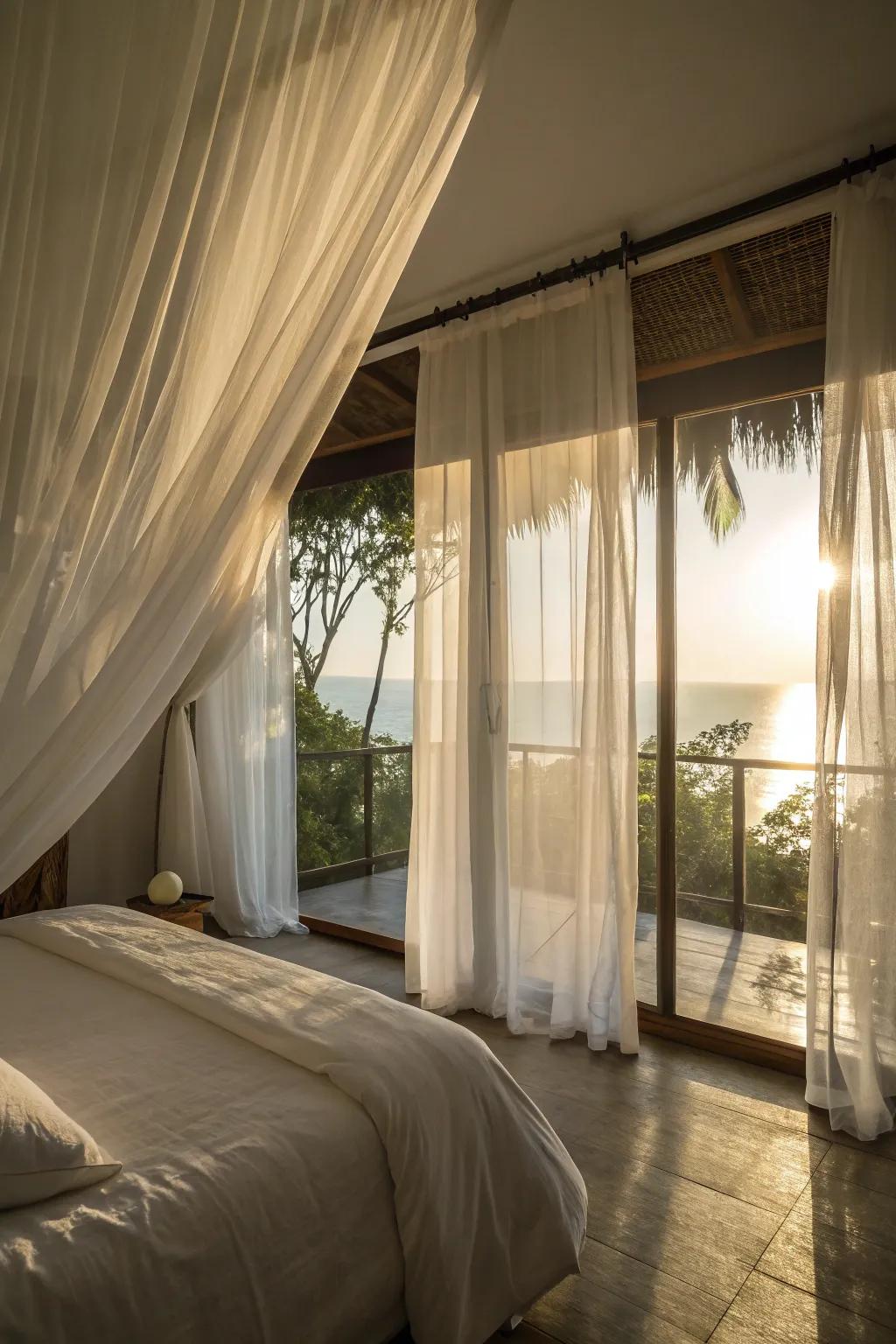 Sheer curtains allow sunlight to gently illuminate your bedroom.